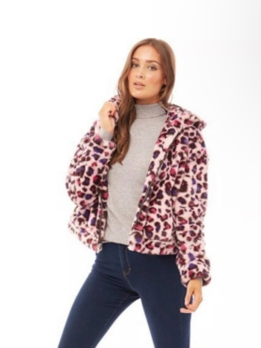 UGG Pink Leopard Faux Fur Hooded Jacket – Size Medium – NWOT
